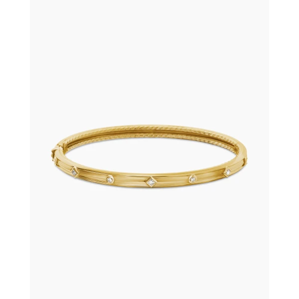on-model styling shot|David Yurman Modern Renaissance® Bangle Bracelet in 18K Yellow Gold with Diamonds