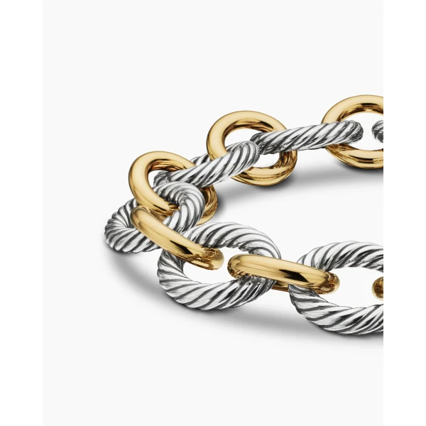 12mm – pavé setting and gemstone detail close-up|David Yurman Oval Link Chain Bracelet in Sterling Silver with 18K Yellow Gold