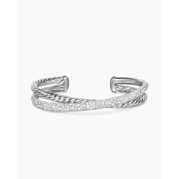 on-model styling shot|David Yurman Pavé Crossover Two Row Cuff Bracelet in Sterling Silver with Diamonds