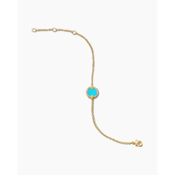 on-model styling shot|David Yurman Petite DY Elements® Center Station Chain Bracelet in 18K Yellow Gold with Turquoise and Diamonds