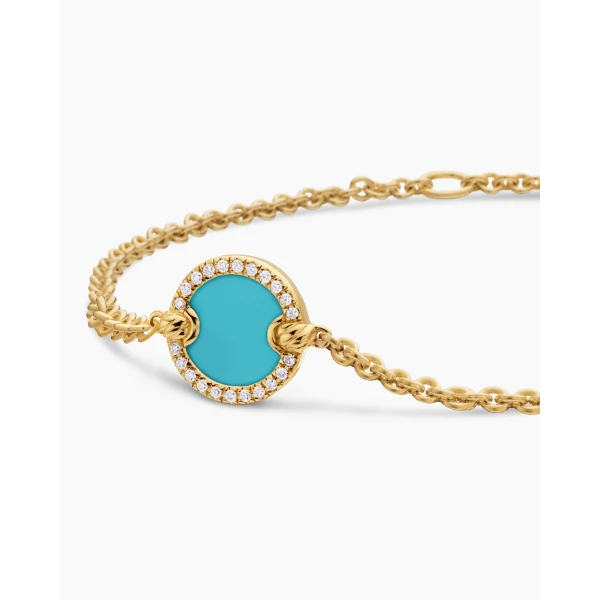 11mm – pavé setting and gemstone detail close-up|David Yurman Petite DY Elements® Center Station Chain Bracelet in 18K Yellow Gold with Turquoise and Diamonds