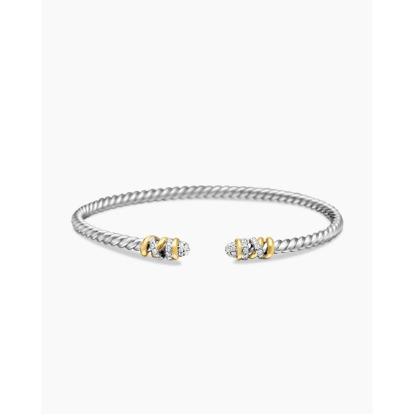 on-model styling shot|David Yurman Petite Helena Classic Cable Bracelet in Sterling Silver with 18K Yellow Gold and Diamonds