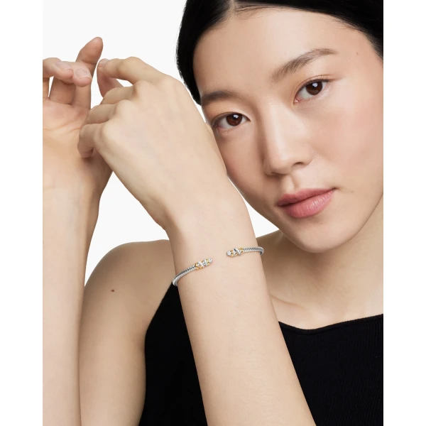 3mm – pavé setting and gemstone detail close-up|David Yurman Petite Helena Classic Cable Bracelet in Sterling Silver with 18K Yellow Gold and Diamonds