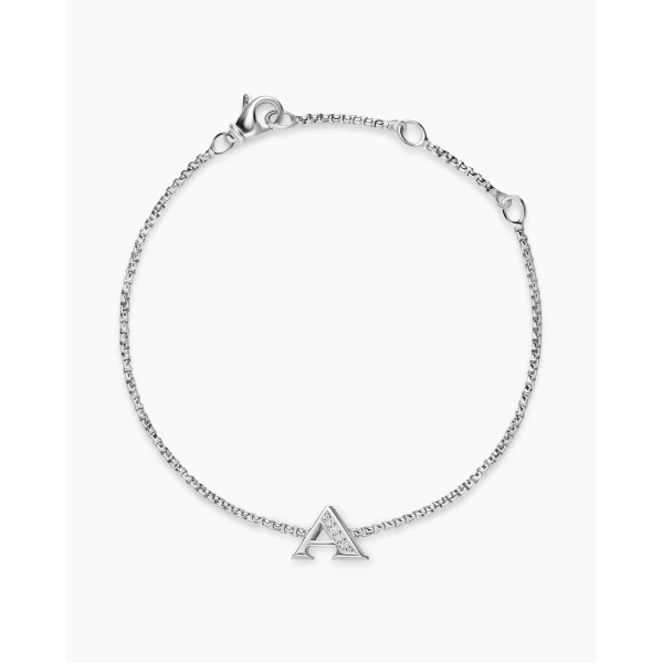 on-model styling shot|David Yurman Petite Initial Chain Bracelet in Sterling Silver with Diamond A – Cable motif close-up