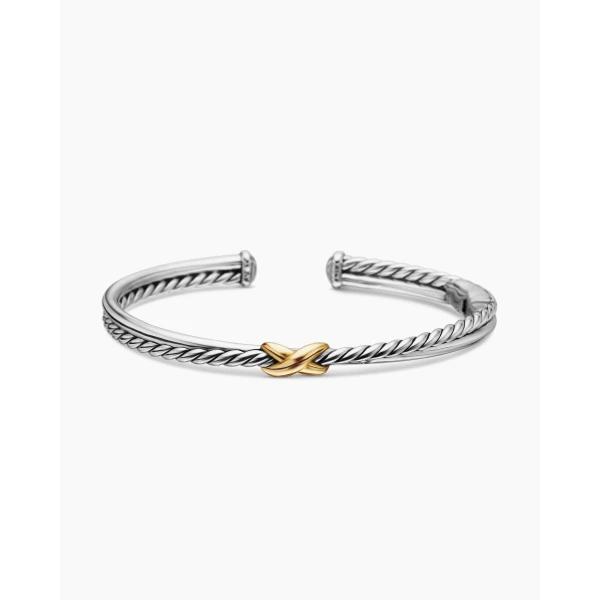 on-model styling shot|David Yurman Petite X Center Station Bracelet in Sterling Silver with 18K Yellow Gold