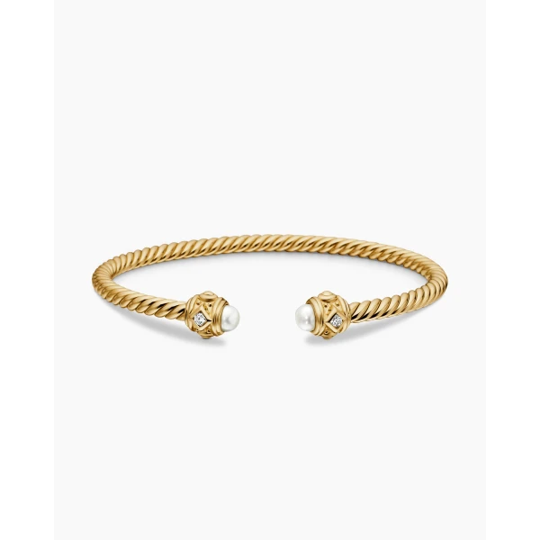 on-model styling shot|David Yurman Renaissance® Cablespira® Bracelet in 18K Yellow Gold with Pearls and Diamonds