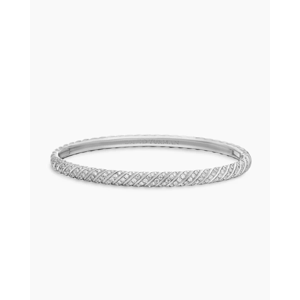 on-model styling shot|David Yurman Sculpted Cable Bangle Bracelet in 18K White Gold with Diamonds