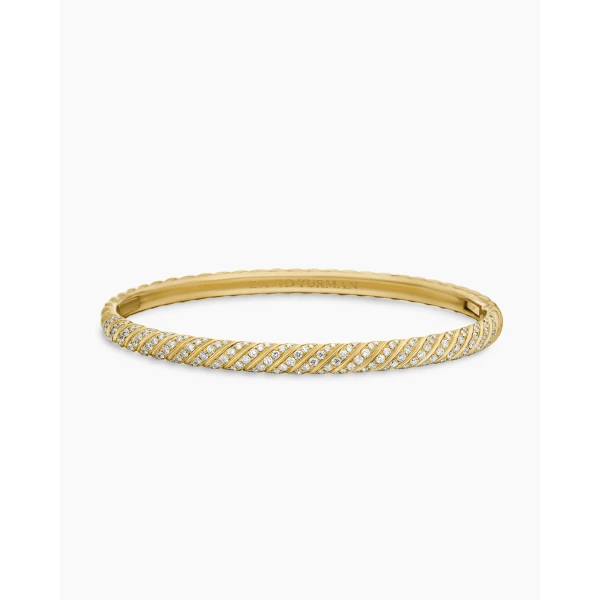 on-model styling shot|David Yurman Sculpted Cable Bangle Bracelet in 18K Yellow Gold with Diamonds