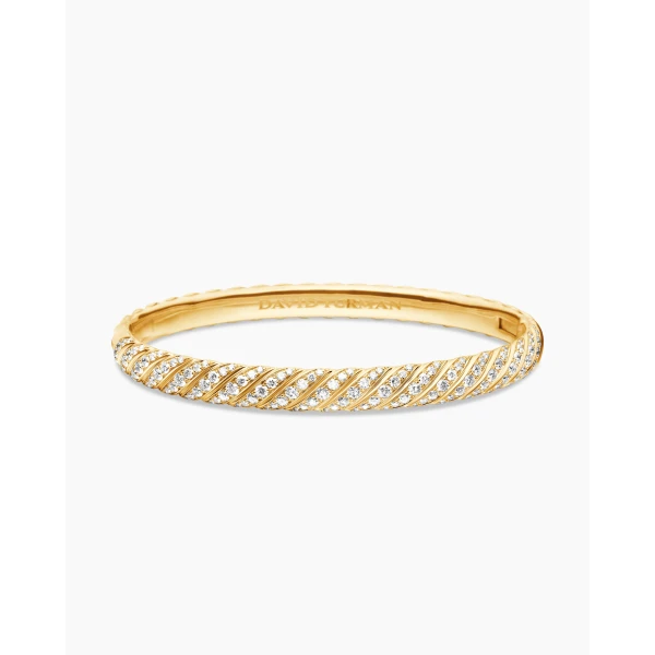 on-model styling shot|David Yurman Sculpted Cable Bangle Bracelet in 18K Yellow Gold with Diamonds