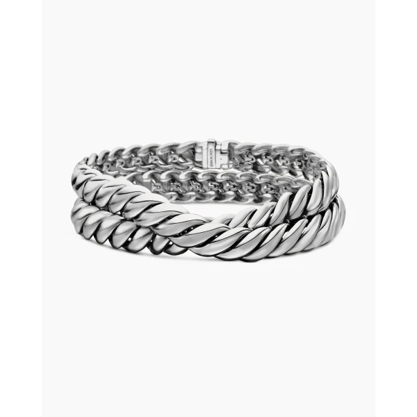 on-model styling shot|David Yurman Sculpted Cable Double Wrap Bracelet in Sterling Silver