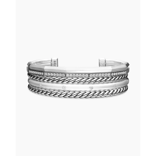 on-model styling shot|David Yurman Stax Five Row Cuff Bracelet in Sterling Silver with Diamonds