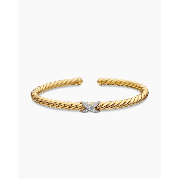 on-model styling shot|David Yurman X Cablespira® Station Bracelet in 18K Yellow Gold with Pavé Diamonds