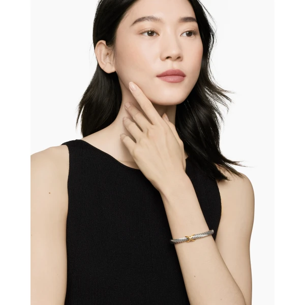 7mm in Silver – front view of authentic Cable Bracelets at Luxury Shoes |David Yurman X Classic Cable Station Bracelet in Sterling Silver with 14K Yellow Gold