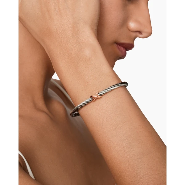 4mm – pavé setting and gemstone detail close-up|David Yurman X Classic Cable Station Bracelet in Sterling Silver with 18K Rose Gold