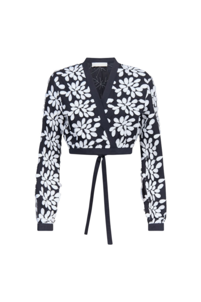 Destree Black And White Embroided Bow-Tie Cropped Shirt - Destree - Graphic Parisian Fashion - Shop at Luxury Shoes 
