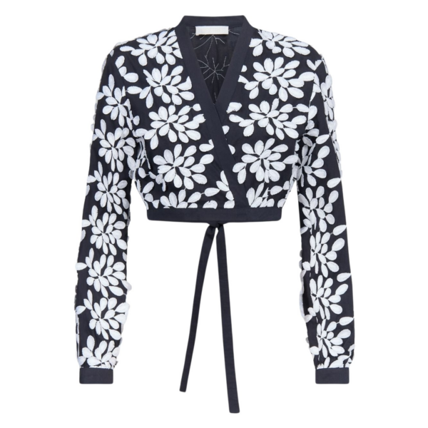 Destree Black And White Embroided Bow-Tie Cropped Shirt