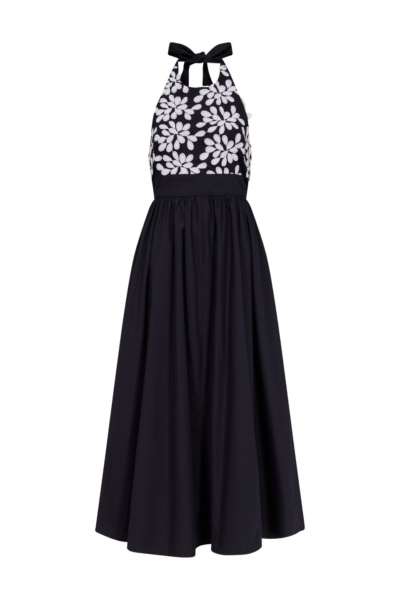 Destree Black Cotton Midi Dress With Embroidered Floral Halter Bodice - Destree - Graphic Parisian Fashion - Shop at Luxury Shoes 