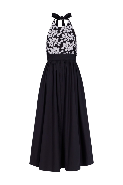 Destree Black Cotton Midi Dress With Embroidered Floral Halter Bodice - Destree - Graphic Parisian Fashion - Shop at Luxury Shoes 