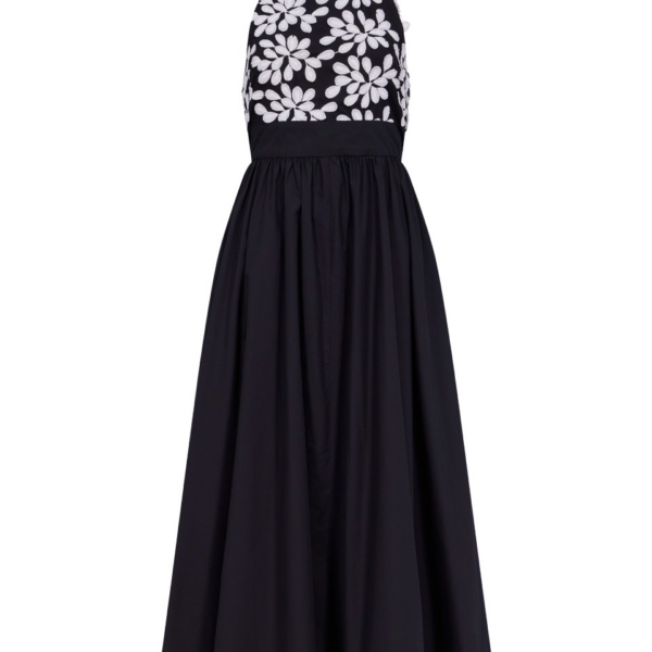 Destree Black Cotton Midi Dress With Embroidered Floral Halter Bodice