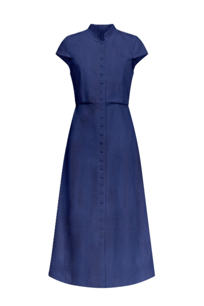 Destree Blue Denim Midi Dress With Mandarin Collar And Short Sleeves - Destree - Graphic Parisian Fashion - Shop at Luxury Shoes 