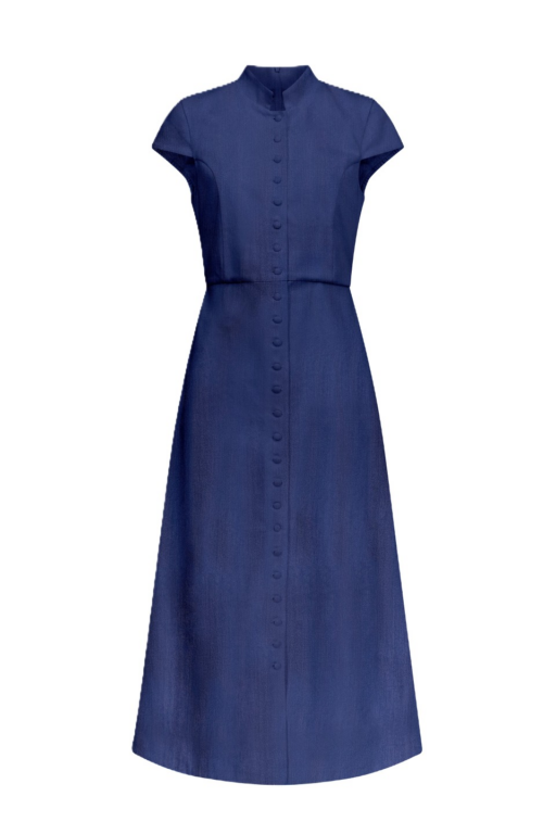 Destree Blue Denim Midi Dress With Mandarin Collar And Short Sleeves - Destree - Graphic Parisian Fashion - Shop at Luxury Shoes 