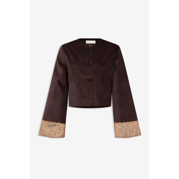 Destree Dark Brown Velvet Jacket With Lace Hem - Destree - Graphic Parisian Fashion - Shop at Luxury Shoes 