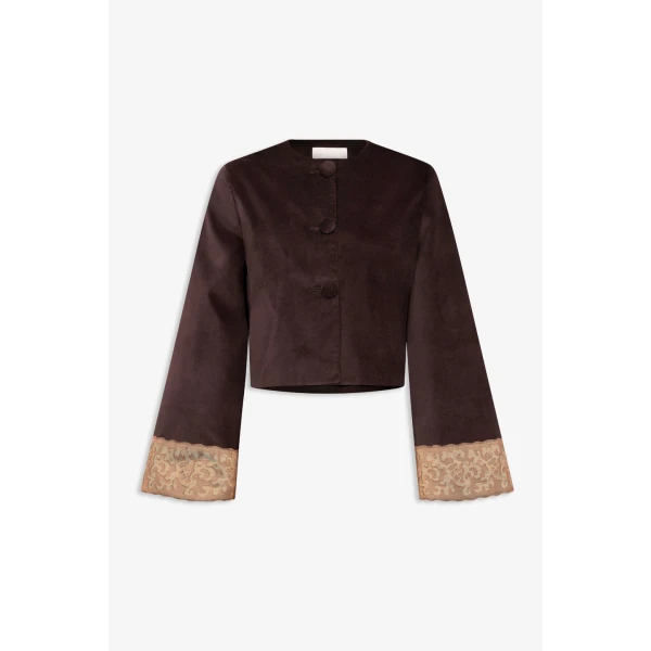 Destree Dark Brown Velvet Jacket With Lace Hem - Destree - Graphic Parisian Fashion - Shop at Luxury Shoes 