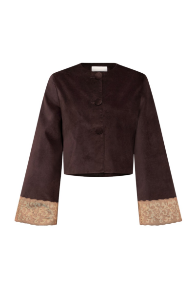 Destree Dark Brown Velvet Jacket With Lace Hem - Destree - Graphic Parisian Fashion - Shop at Luxury Shoes 