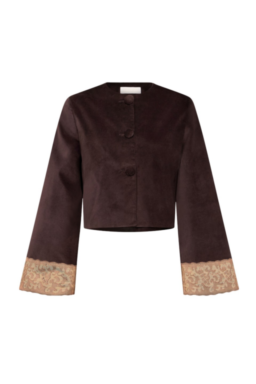 Destree Dark Brown Velvet Jacket With Lace Hem - Destree - Graphic Parisian Fashion - Shop at Luxury Shoes 