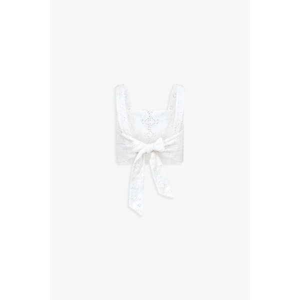 Destree Embroidered White Bow-Tie Top - Destree - Graphic Parisian Fashion - Shop at Luxury Shoes 