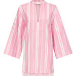 Destree Pink Striped Cotton Tunic With Split Neckline And Wide Sleeves - Destree - Graphic Parisian Fashion - Shop at Luxury Shoes 