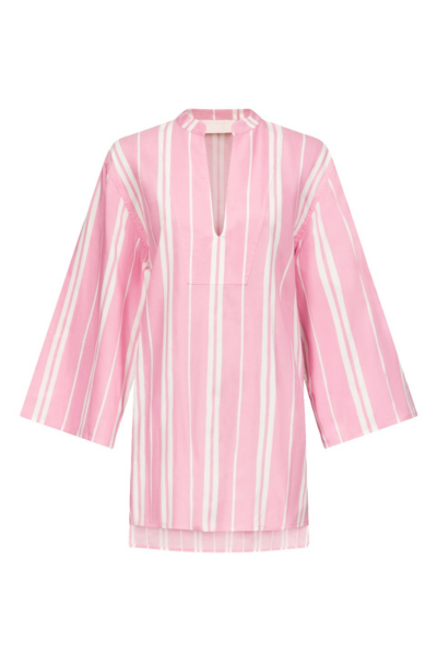 Destree Pink Striped Cotton Tunic With Split Neckline And Wide Sleeves - Destree - Graphic Parisian Fashion - Shop at Luxury Shoes 