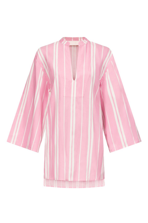 Destree Pink Striped Cotton Tunic With Split Neckline And Wide Sleeves - Destree - Graphic Parisian Fashion - Shop at Luxury Shoes 