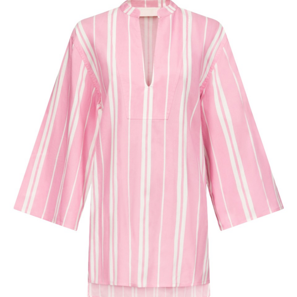Destree Pink Striped Cotton Tunic With Split Neckline And Wide Sleeves