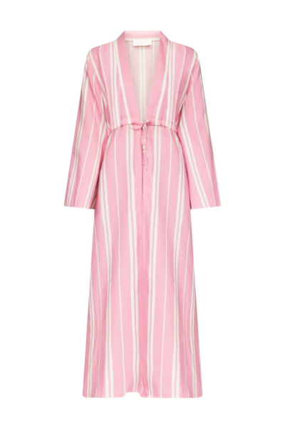 Destree Pink Striped Long Cotton Dress With V-Neck And Tie Waist Detail - Destree - Graphic Parisian Fashion - Shop at Luxury Shoes 