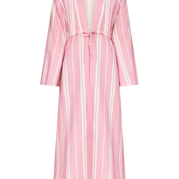 Destree Pink Striped Long Cotton Dress With V-Neck And Tie Waist Detail