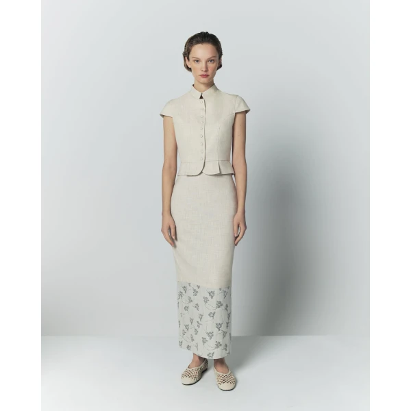 Destree Warm Grey Midi Skirt With Printed Hem - Destree - Graphic Parisian Fashion - Shop at Luxury Shoes 