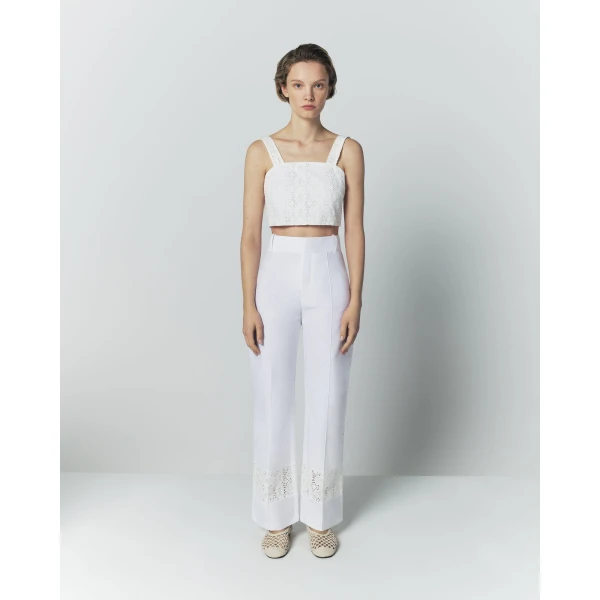 Destree White Cotton Flared Pants With Embroidered Panel Details - Destree - Graphic Parisian Fashion - Shop at Luxury Shoes 