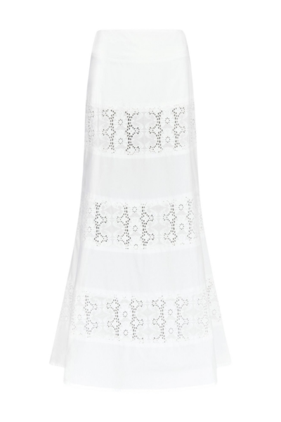 Destree White Cotton Flared Skirt With Embroidered Panel Details - Destree - Graphic Parisian Fashion - Shop at Luxury Shoes 
