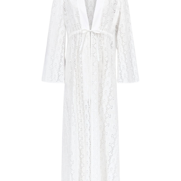 Destree White Embroidered Cotton Maxi Dress With Tie Waist Detail
