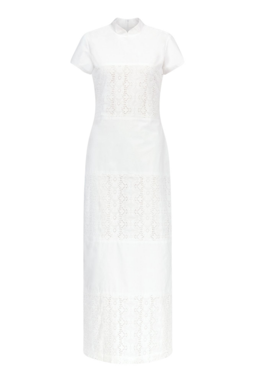 Destree White Embroidered Cotton Poplin Long Dress With Mandarin Collar - Destree - Graphic Parisian Fashion - Shop at Luxury Shoes 