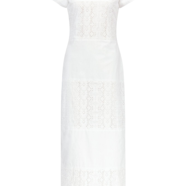 Destree White Embroidered Cotton Poplin Long Dress With Mandarin Collar