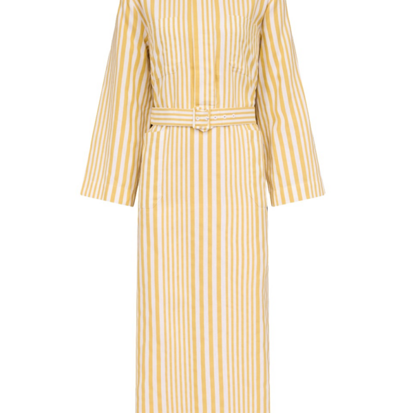 Destree Yellow And White Striped Belted Midi Dress