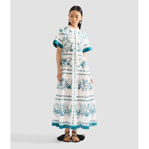 Erdem Botanical Print Cotton Linen Tiered Midi Shirt Dress - Dresses - British Romantic Luxury at Luxury Shoes 