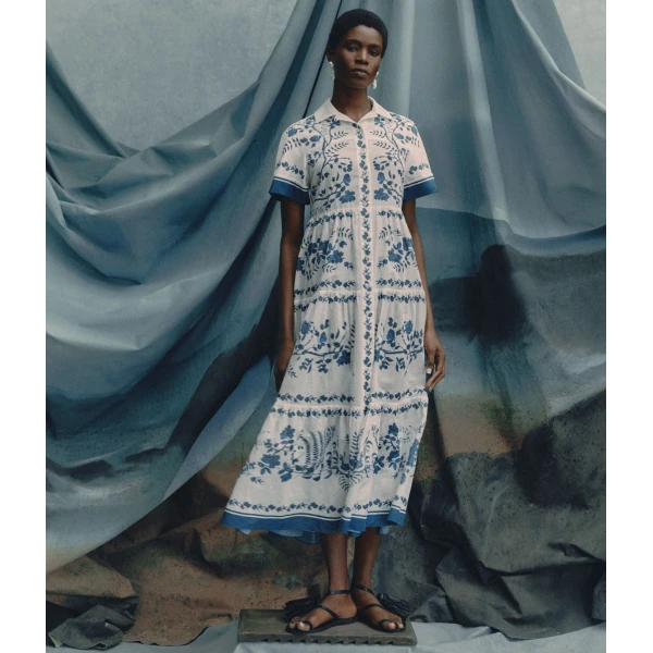 Erdem Botanical Print Cotton Linen Tiered Midi Shirt Dress - Dresses - British Romantic Luxury at Luxury Shoes 