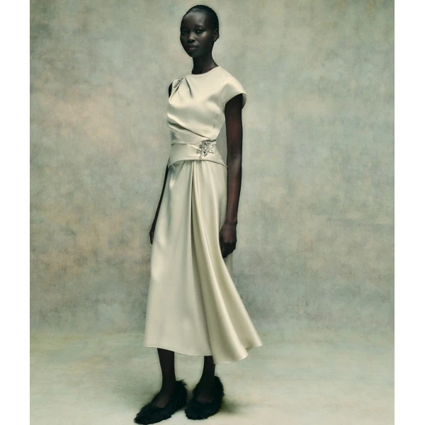 Erdem Embellished Satin Cady Draped Midi Dress - Dresses - British Romantic Luxury at Luxury Shoes 