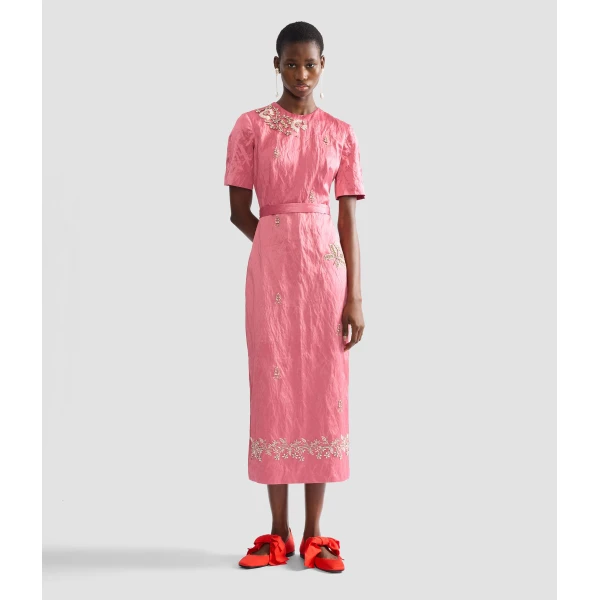 Erdem Embellished Textured Satin Midi Pencil Dress - Dresses - British Romantic Luxury at Luxury Shoes 