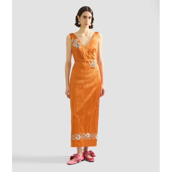 Erdem Embellished Textured Satin Midi Pencil Dress - Dresses - British Romantic Luxury at Luxury Shoes 