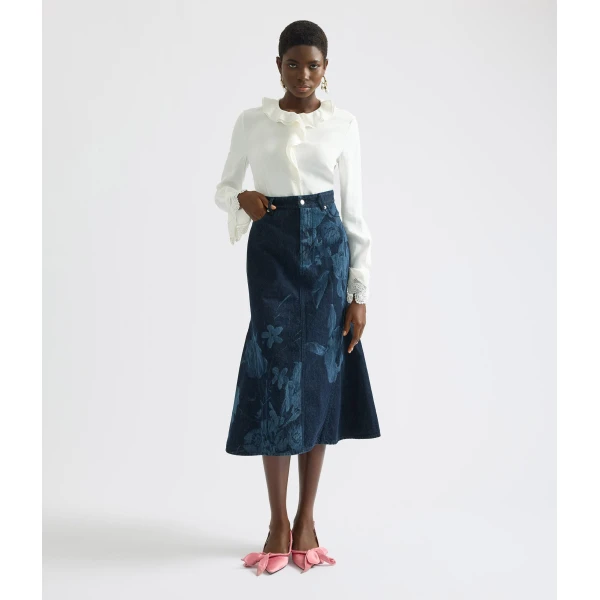 Erdem Printed Denim Flared Midi Skirt - Skirts - British Romantic Luxury at Luxury Shoes 