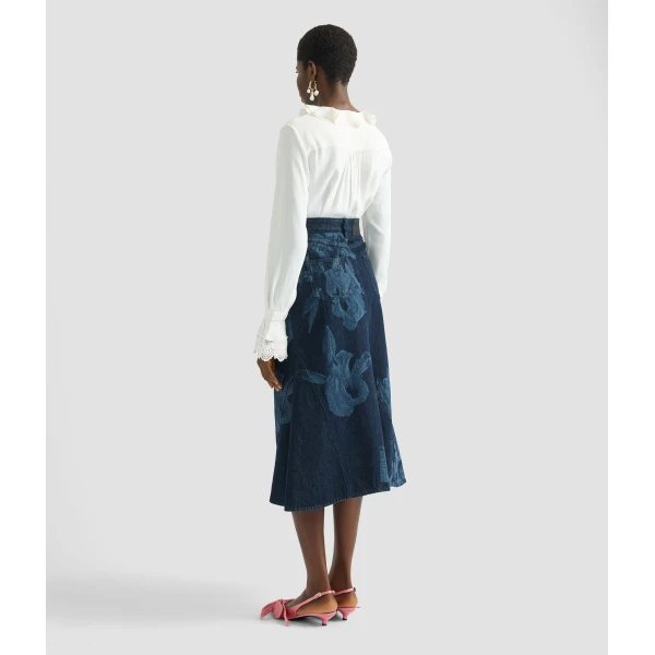 Erdem Printed Denim Flared Midi Skirt - Skirts - British Romantic Luxury at Luxury Shoes 